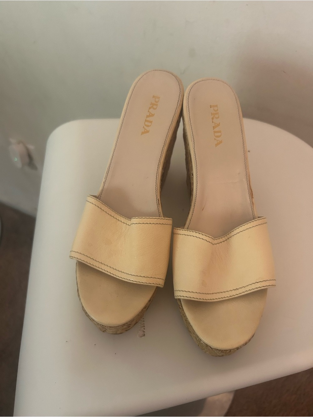 Prada Women's Cream Leather Espadrille Wedge Slides